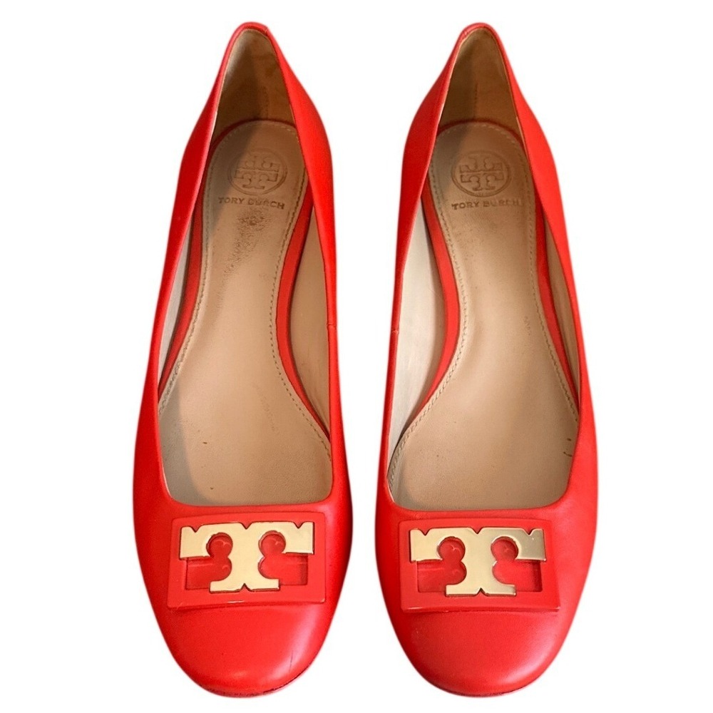 Tory Burch Gigi Pump Samba Red Leather Gold Logo Block Heel Size 8 Box